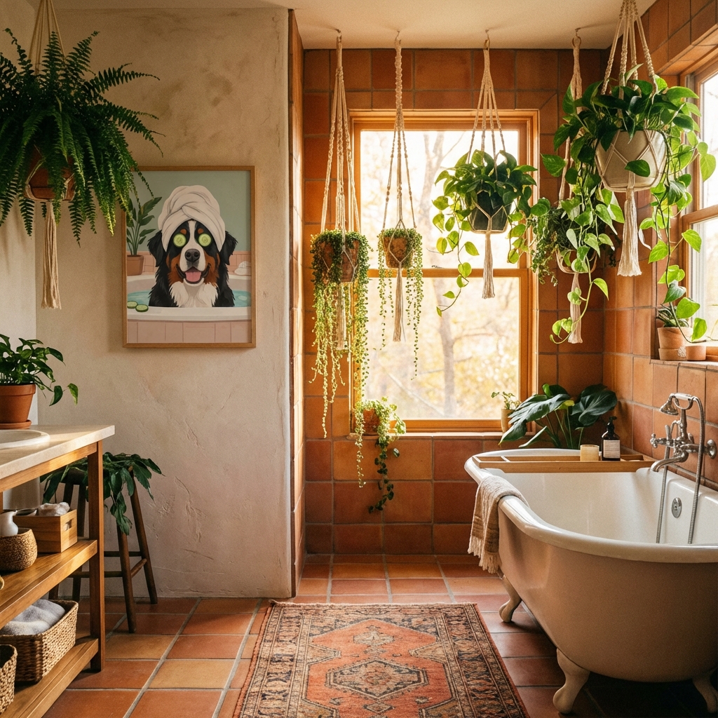 Dog spa portrait in bohemian bathroom
