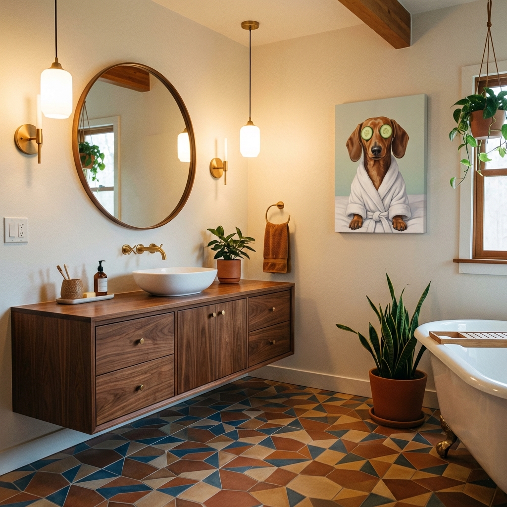 Dog spa portrait in mid-century modern bathroom