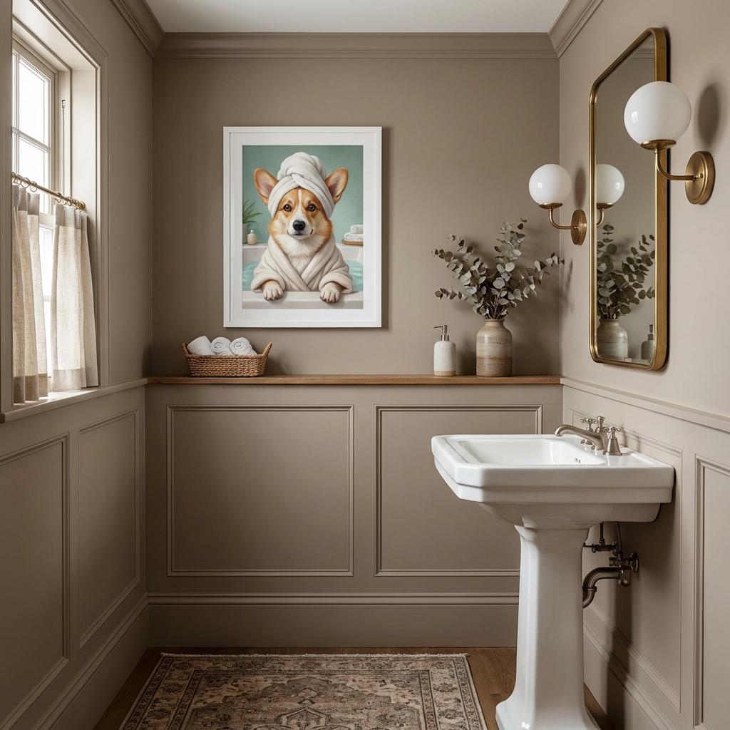 Dog spa portrait in rustic bathroom