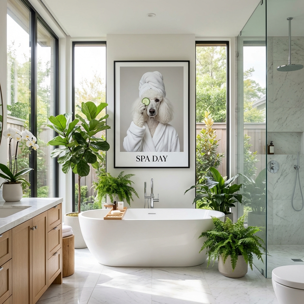 Dog spa portrait in modern bathroom