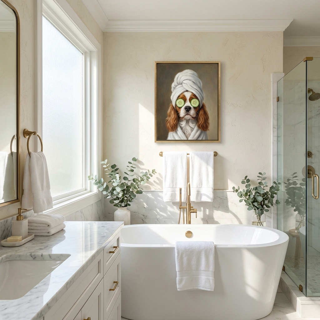 Dog spa portrait in luxury marble bathroom