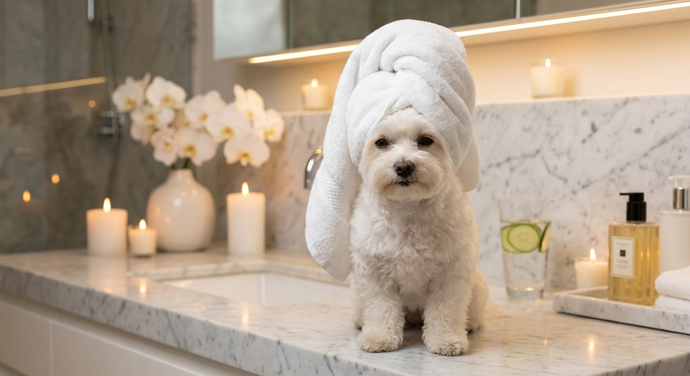 Golden Retriever spa portrait with cucumber eyes and towel wrap